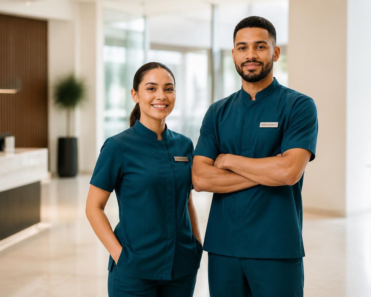 Two DOVARIA cleaning professionals in teal uniforms in a bright office lobby